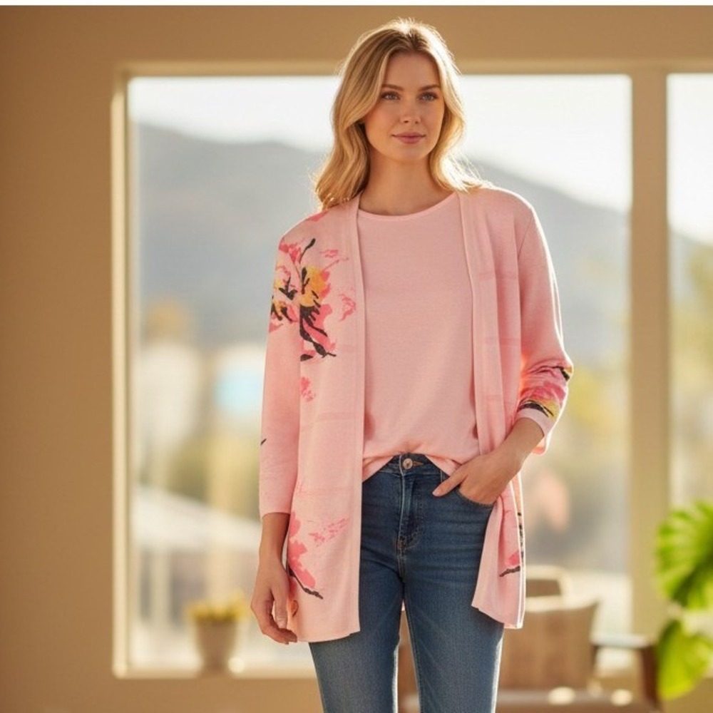 Misook Knit 2 Pc Set Women L Pink Floral Abstract Cardigan Tank Artsy Luxury
